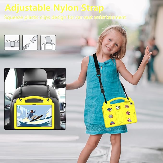 AKABEILA Compatible with Amazon Fire HD 8/HD 8 Plus (2020/2022)/Fire HD 8 2024 Tablet Case, Kids Friendly Universal Lightweight Shockproof Protective Case with Shoulder Strap & Stand Handle Yellow