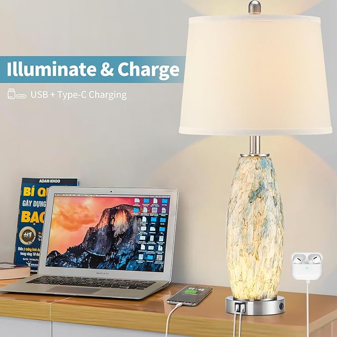 29" Tall Table Lamps Set of 2, Large Modern Lamps for Bedroom with Nightlight, Coastal Bedside Lamps with USB C+A, Glass Nightstand Table Lamps for Living Room, Bulbs Included