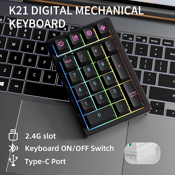 BOYI TD21 Hot Swap Numpad,21 Keys Mini Numpad Portable Keypad Bluetooth5.0/2.4G/Wired Number Pad Keyboard PBT Keycaps RGB Backlit Type-C Mini Keyboard (Cool Black Cherry Keycaps)