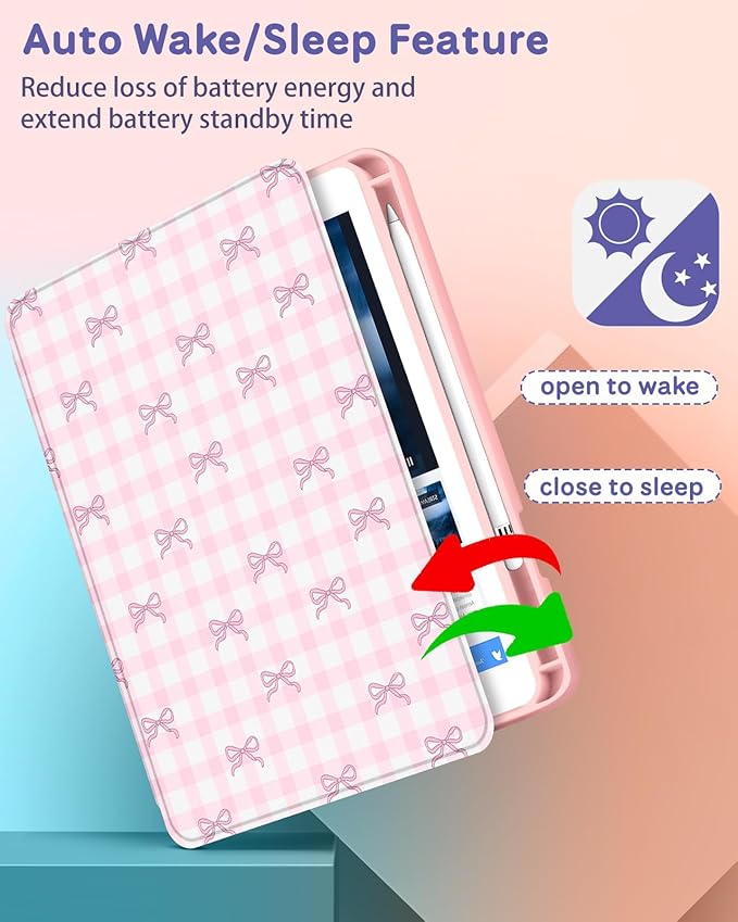 Uppuppy for iPad mini 4 Case for iPad mini 5th Generation Case - 360 Rotating Stand Folio Smart Cover with Pencil Holder for Women Girls, Pink Bow Checkered for Apple Tablet Mini 7.9 inch 2019/2015