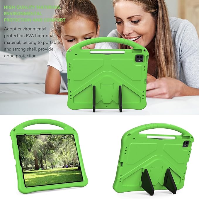 Kids Friendly Case for Apple iPad Air 11 M4 M3 M2 2026 2025 2024/ iPad Pro 11 M5 M4 2025 2024, EVA Durable Shockproof Handle Kickstand Lightweight Cover Case with Shoulder Strap, Green