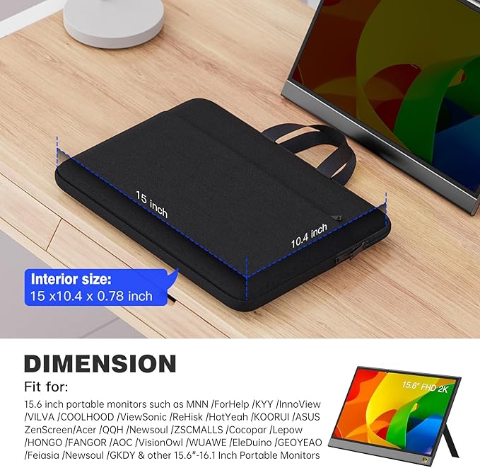 15.6-16.1 Inch Portable Monitor Case, Protective Carrying Sleeve for MNN ForHelp KYY InnoView VILVA COOLHOOD ViewSonic HotYeah KOORUI QQH Zenscreen 15.6 16.1 Inch Portable Monitor Case Bag, Black