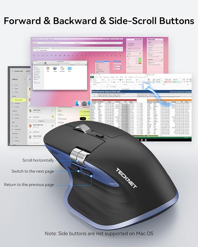 TECKNET Wireless Mouse, Bluetooth Mouse (BT5.3/5.0 & 2.4G) Rechargeable Ergonomic Optical Mouse with 6 Adjustable DPI, Side Scroll, USB A Receiver, 7 Buttons, Wide Compatibility - Black & Blue