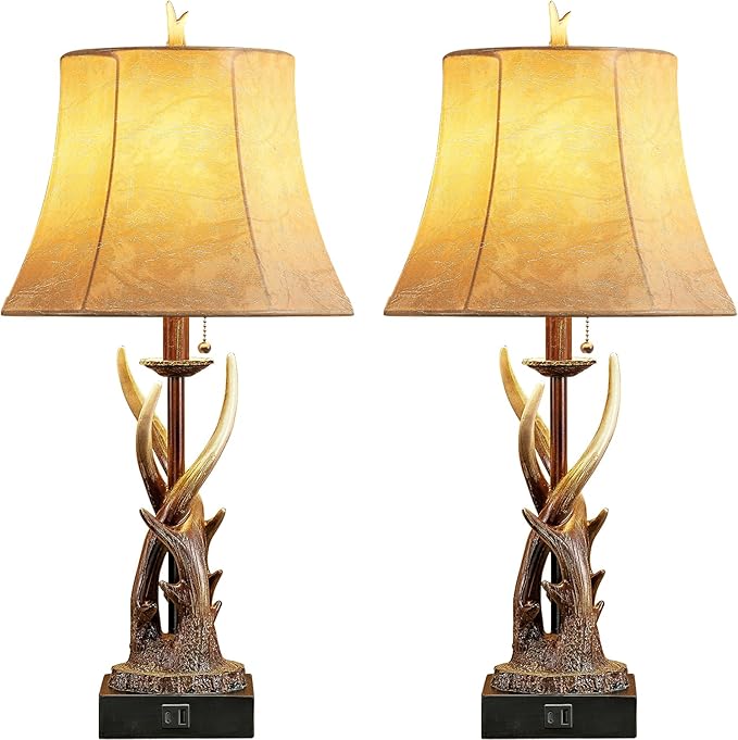 Antler Table Lamps Set of 2 with USB A+C Ports for Bedroom Farmhouse Deer Rustic Bedside Lamps with Faux Leather Bell Shade for Living Room End Table Hunting Themed Cabin Lamp Pull Chain
