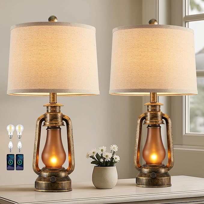 25" Set of 2 Rustic Lantern Table Lamps for Living Room Bedroom, 2 USB Ports Farmhouse Vintage Bedside Desk Lamp Nightlight for Entryway Office End Table, 4 Bulbs Included