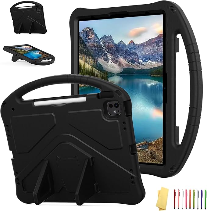 for iPad Pro 12.9 inch Kids Case 6th/5th/4th/3rd Generation (2022/2021/2020/2018) with Kickstand/Pencil Holder/Handle Stand Lightweight Soft EVA Shockproof Heavy Duty Protective Cover, Black