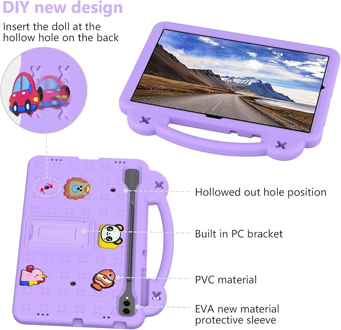 AKABEILA Compatible with Samsung Galaxy Tab S7 FE 12.4(2021)/Tab S7 Plus(2020)/Tab S8 Plus(2022) 12.4/Tab S9 Plus(2023) 12.4 Tablet Case, Shoulder Strap & Pen Tray for Girl Kid Gift Light Purple