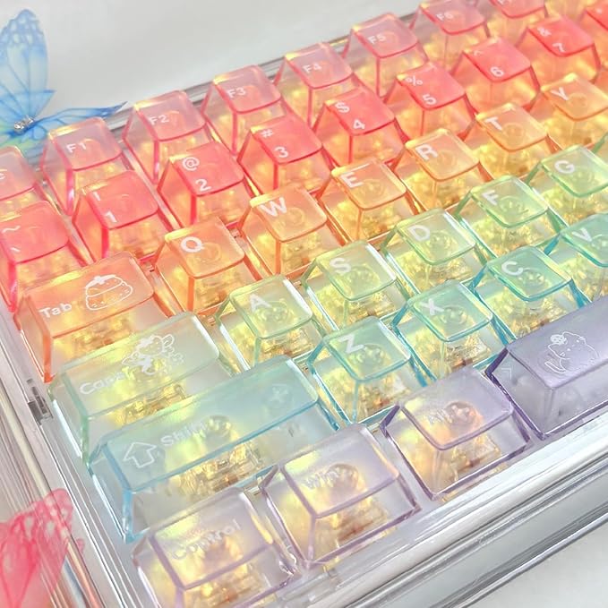 115 Keys Rainbow Keycaps, PC Translucnt Backlit Custom Keycap Set for Cherry Profile, Cute Frosted Clear Key Caps for MX Switches Mechanical Gaming Keyboard