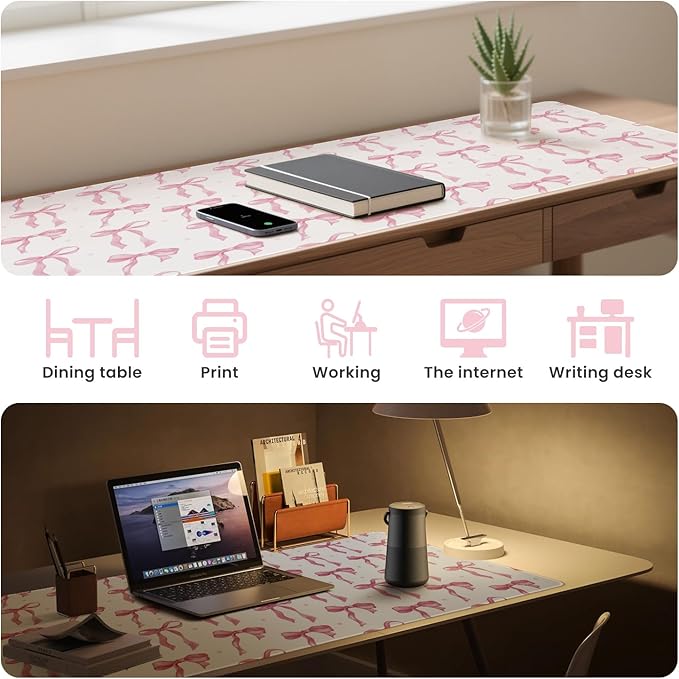 Large Desk Mat with Pink Bows, Cute Mouse Pad Pink Keyboard Mat for Computer Laptop Non-Slip Rubber Base, Girly Office Mat Desktop Pad Office Supplies Accessories for Teen Girls Women 35.4 x 15.7in
