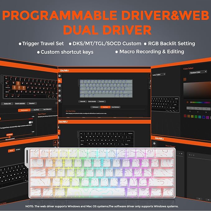 DAREU COOL60 60% Hall Effect Gaming Keyboard with Magnetic Switch, SOCD, 0.01mm Actuation Adjustable Rapid Trigger,8000 Hz Polling, Topographic PBT Keycaps, Hot-swap, RGB Backlit