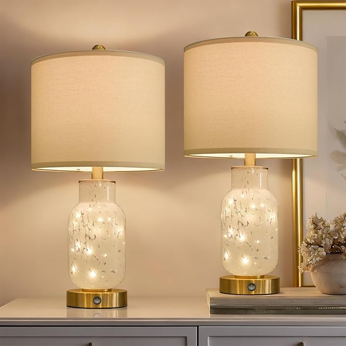 Oneach 22" Glass Table Lamps Set of 2, White Modern Bedside Lamp with LED Night Light for Living Room, Nightstand Lamp with USB Ports for Bedrooms, Study Room, End Table(2 Bulbs Included)