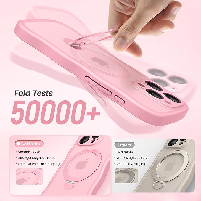 CAPRARO for iPhone 16 Pro Case with 360° Spin Magnetic Stand for Women, [Compatible with MagSafe] [Full Camera Protection] Cute Wave Translucent Matte Case for iPhone 16 Pro, Peach Pink