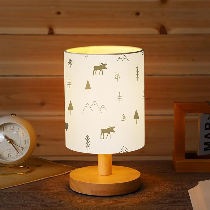 VIHOSE Forest Animals Bedside Table Lamp Vintage Nightstand Lamp with Linen Fabric Shade Solid Wood Base Decoration for Kids Living Room Bedroom Desk Dorm