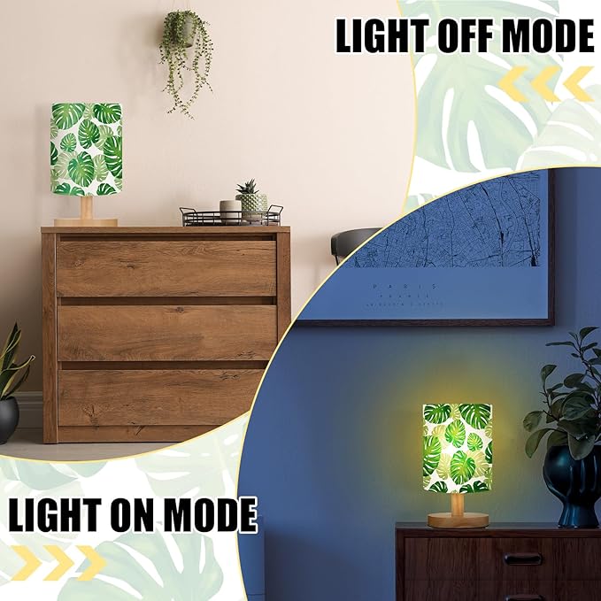 VIHOSE Jungle Animal Table Lamp Bedside Table Lamp Monstera Palm Leaves Vintage Nightstand Light with Linen Fabric Shade Solid Wood Base Decoration for Living Room Bedroom Desk Dorm