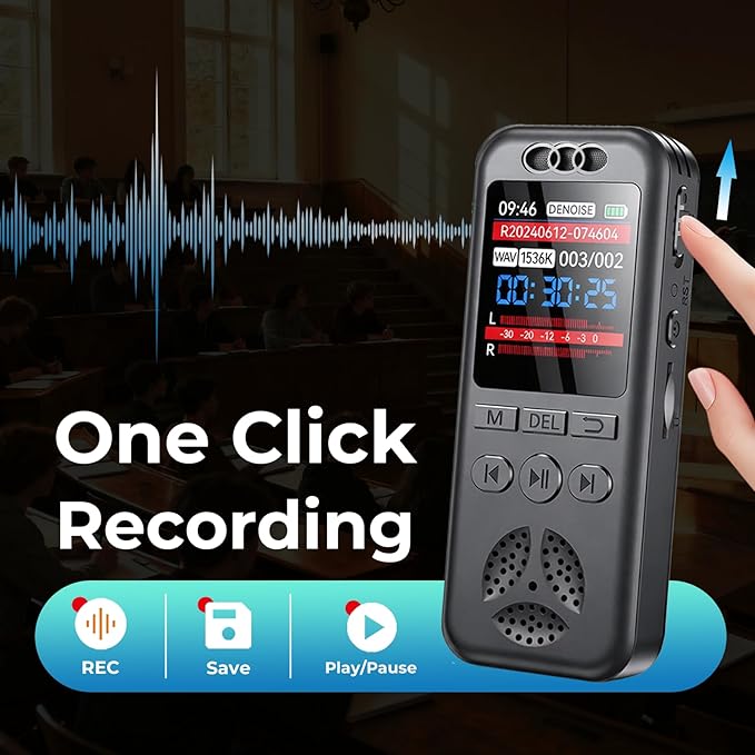 32GB Digital Voice Recorder, Small Voice Activated Recorders with Playback, 1536Kbps Audio, 70dB Noise Reduction, A-B Repeat Recording Device Portable Mini for Lectures, Meetings, Interview etc