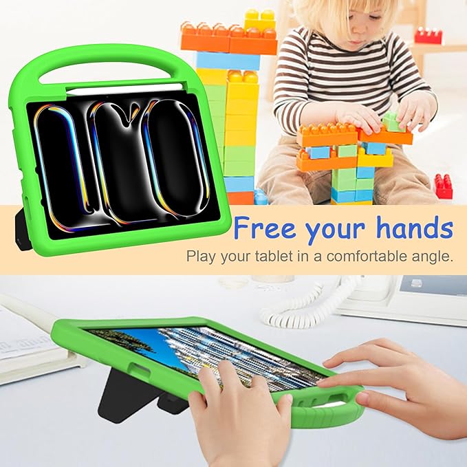 Kids Case for iPad Pro 11" M5 2025/M4 2024 & iPad Air 11" M3 2025/M2 2024, Techcircle Child Shock Proof EVA Protective [Support Pencil Charging] Handle Stand Cover, Green