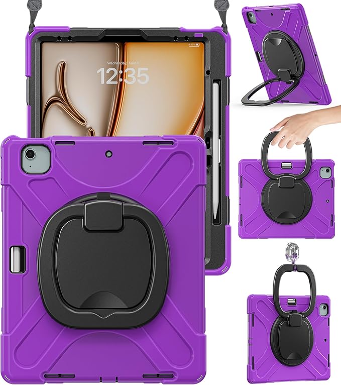 BRAECN Case for iPad Air 13 Inch M4 2026/M3 2025/M2 2024 & iPad Pro 12.9 6th/5th/4th/3rd Gen: Military Grade Silicone Protective Cover with Pencil Holder, Kickstand, Handle, Shoulder Strap, Purple