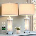 AIEAMPDO 25" Rustic Table Lamps Set of 2, Vintage Nightstand Lamps with 2 USB Ports, Farmhouse Antique White Desk Lamp with Glass Night Light for Living Room Bedroom Dorms, 4 Bulbs Included