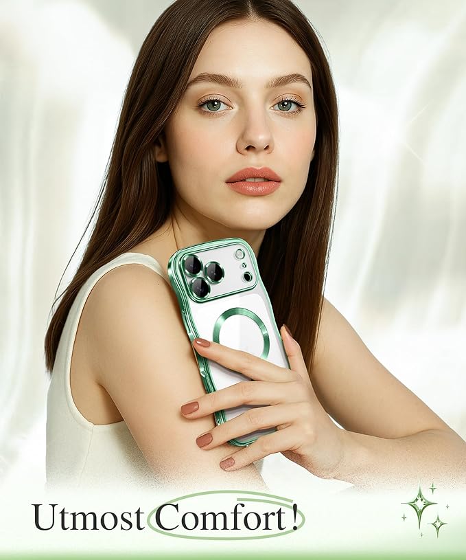GVIEWIN for iPhone 17 Pro Case Compatible with MagSafe, Upgraded [Full Camera Protection][Cute Wave Frame][Military Grade Protection] Electroplated Hard Phone Cover for Women Girl, Clear/Green