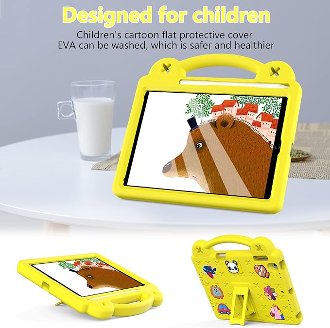 Dteck Kids Case for iPad 9.7 Inch 6th/5th Gen 2018/2017 & iPad Air 2/1 & iPad Pro 9.7 2016,Cartoon Panda Shockproof Rugged Lightweight Pencil Holder Convertible Handles Stand Kids Friendly Case,Yellow