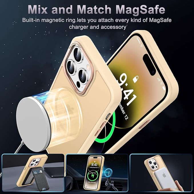 Newfuture Designed for iPhone 14 Pro Case with Magnetic [13 FT Military Drop Protection] [Compatible with Magsafe] Slim Translucent Matte Shockproof with Anti-Fingerprint Phone Case, Creamy Yellow