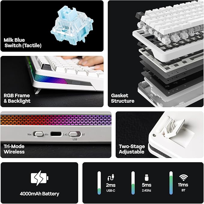 EPOMAKER TH85 QMK/VIA Wireless Gaming Keyboard, BT5.0/2.4GHz/USB-C, Hot Swappable Pre-lubed Custom Milk Blue Tactile Switches, Gasket Creamy Keyboard for PC/Mac/Office/Gaming (White)