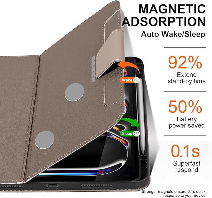 for iPad Pro 13 inch Case (M4) 2024 Release, Premium Leather Folio Cover with Auto Wake/Sleep, Apple Pencil Holder, Multi-Angle Stand & Secure Buckle Closure - Gray Brown