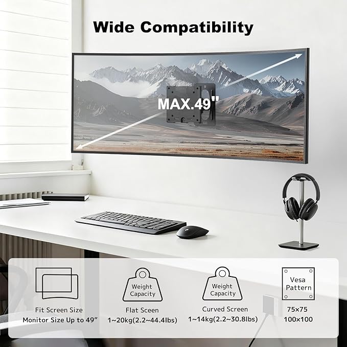 Monitor Wall Mount for 17–49 Inch Ultrawide Screens,Heavy Duty Monitor arm up to 44 lbs with Swivel,Tilt & Rotation,VESA 75x75 & 100x100,Black