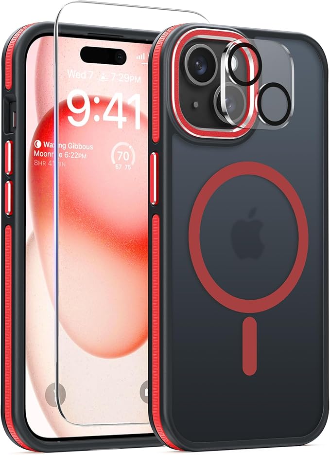 DOMAVER Magnetic 3 in 1 for iPhone 15 Case, [Omni-Directional Protection] with 1x Screen Protector + 1x Camera Cover, [Seamless Work with Magsafe] Protective Silm Case for iPhone 15 Red