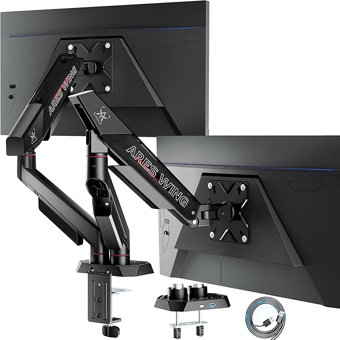 ARES WING Heavy Duty Dual Monitor Arm, Fully Adjustable Monitor Mount for 17-35 Inch Flat Curved Ultrawide Screens Up to 26.5lbs with USB A/C, C-Clamp & Grommet Base, 75/100 Vesa Mount, Black
