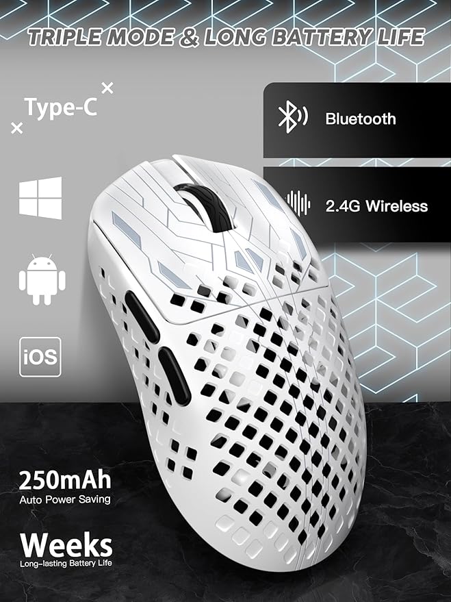 MAMBASNAKE M2 Carbon Fiber Wireless Gaming Mouse, PAW3395PRO 40K DPI, 1K Polling Rate 41g Ultralight Tri-Mode Ergonomic PC Mice, Cloud Driver AI Driver for PC/Mac/Win,White
