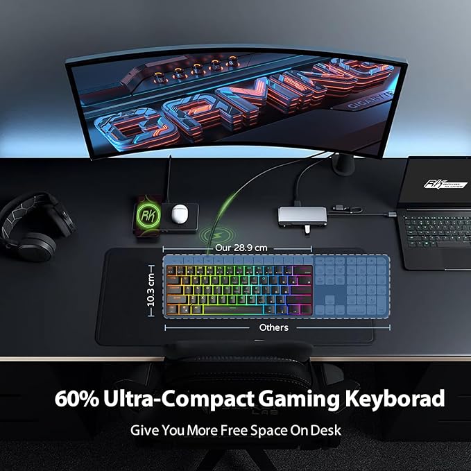 RK ROYAL KLUDGE RK61 Wired 60% Mechanical Gaming Keyboard Programmable QMK/VIA RGB Backlit 61 Keys Ultra-Compact Hot Swappable Blue Switch Black