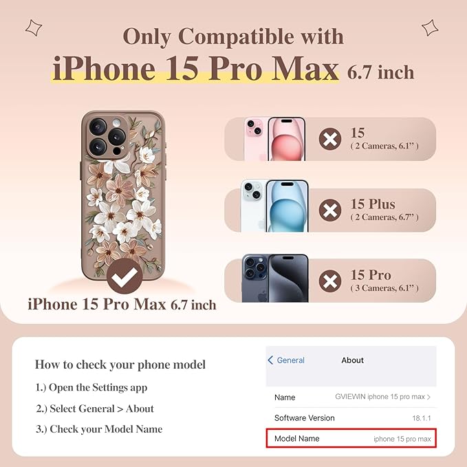 GVIEWIN for iPhone 15 Pro Max Case Compatible with MagSafe, [Military Grade Protection] [Screen Protector] Full Camera Protection Floral Translucent Women Magnetic Phone Case, Dogwood/Brown