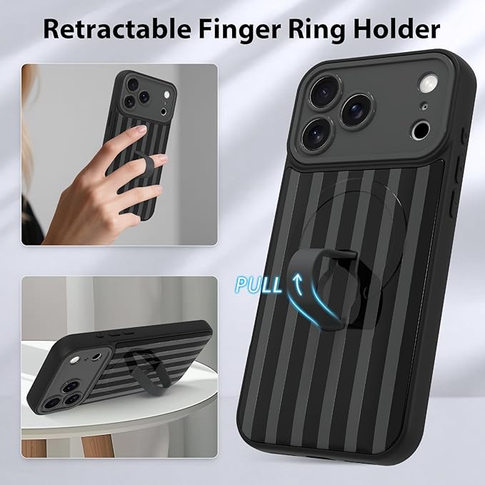 KANGHAR Compatible with iPhone 17 Pro Max Case, Support for MagSafe, Silicone Stripes Cute Pattern, Wristband Kickstand Camera Protection Soft Slim Cover for Girls Women -Black