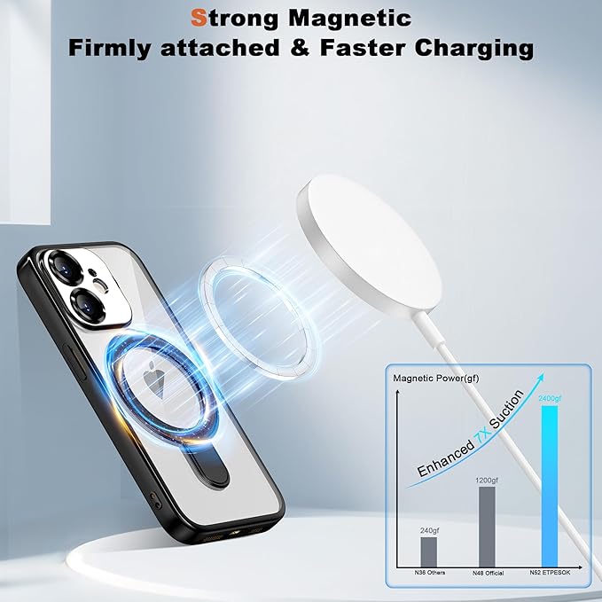 Compatible with iPhone 12 Case with Invisible Magnetic Ring Stand [Compatible with Mag-Safe] [Full Camera Lens Protector] Plating Clear Phone Case for iPhone 12 6.1", Black