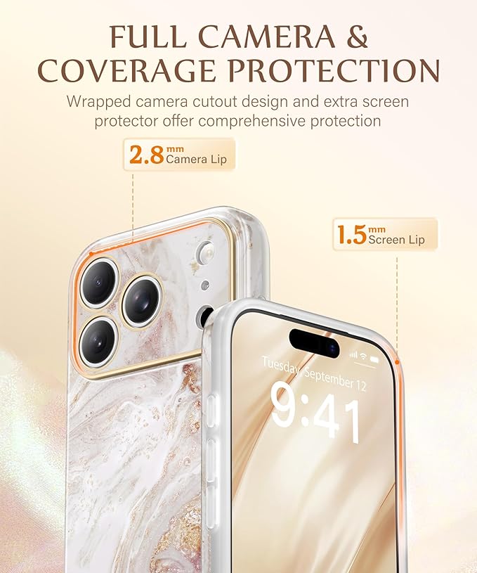GVIEWIN for iPhone 17 Pro Case Compatible with MagSafe, [Full Camera Protection][Military-Grade Protection] Shockproof Protective Slim Magnetic Marble Phone Case for 17 Pro 6.3", Pearlescent/Gold