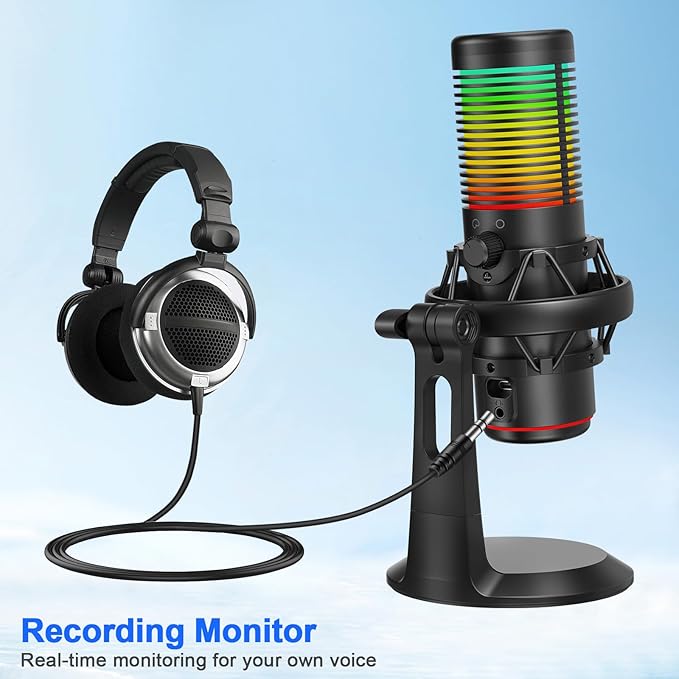USB Gaming Microphone, 192kHz/24bit, Cardioid Condenser Microphone for Computer, Streaming Mic with RGB Light, Mute Button, Headphone Jack, Volume Control, Perfect for Xbox, Recording, Singing