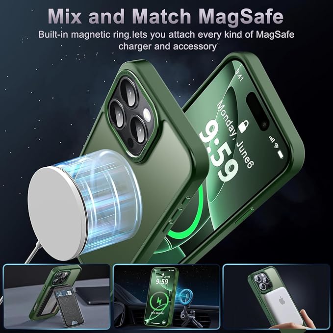 Newfuture Designed for iPhone 16 Pro Case with Magnetic [13 FT Military Drop Protection] [Compatible with Magsafe] Slim Translucent Matte Shockproof with Anti-Fingerprint Phone Case,Dark Green