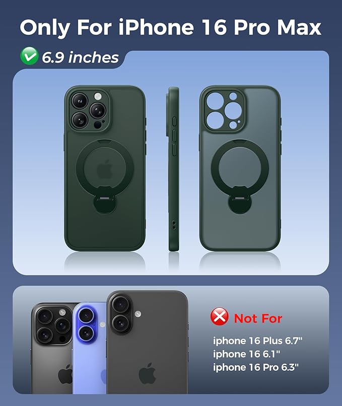 FNTCASE for iPhone 16 Pro-Max Case: [360 Spin Magnetic Stand] [Compatible with Magsafe] [Screen Protector] Translucent Matte Military Grade Shockproof Full Camera Protective Phone Cover - Green