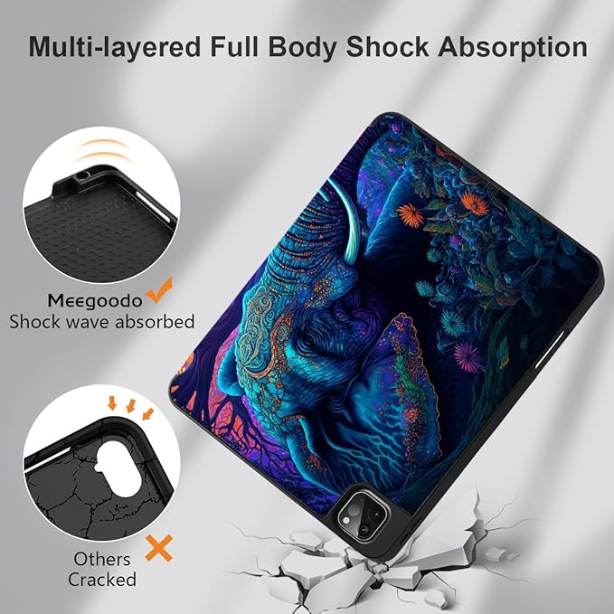 MEEgoodo Case for iPad Pro 12.9 Case M2 6th/5th/4th/3rd Generation 2022 2021 2020 2018, Protective Tablet Cover with Soft Back Shell for Kids, Elephants