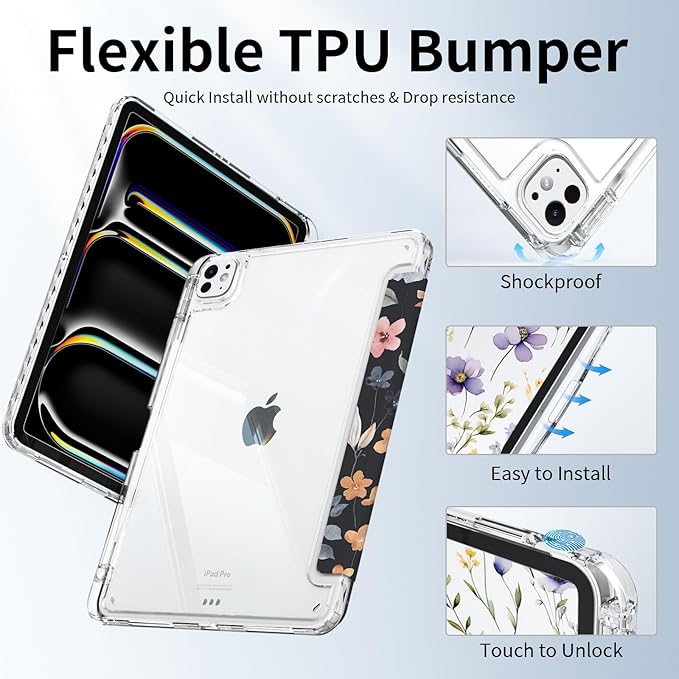 Slim Case for iPad Air 11 Inch M3 (2025)/ M2 (2024), iPad Air 10.9" 5th/4th Generation Case 2022/2020 with Pencil Holder, Trifold Stand Protective Clear Back Cover, Black Flowers