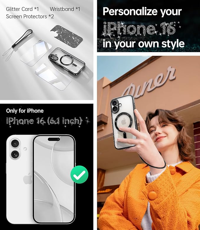 Meifigno Case Designed for iPhone 16 6.1 inch, [Compatible with MagSafe] [2X Screen Protectors] [Glitter Card & Wrist Strap] Surround Lens Protection Designed for iPhone 16 Case Girls, Black Titanium