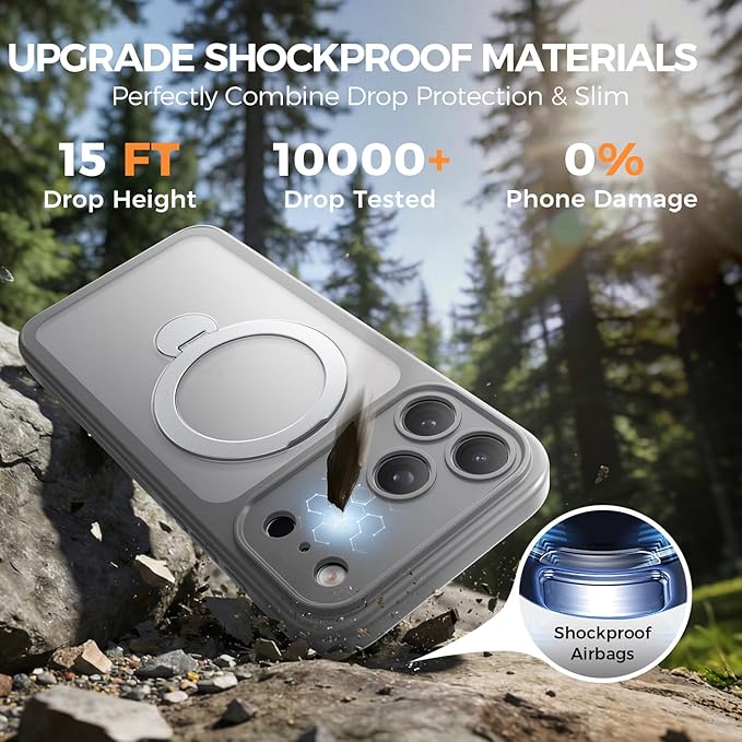 for iPhone 17 Pro Max Case [ 360° Spin Magnetic Stand] [Full Camera Protection] Compatible with Magsafe, 15FT Military-Grade Protection, Translucent Matte Anti-Slip Phone Case 6.9'', Gray