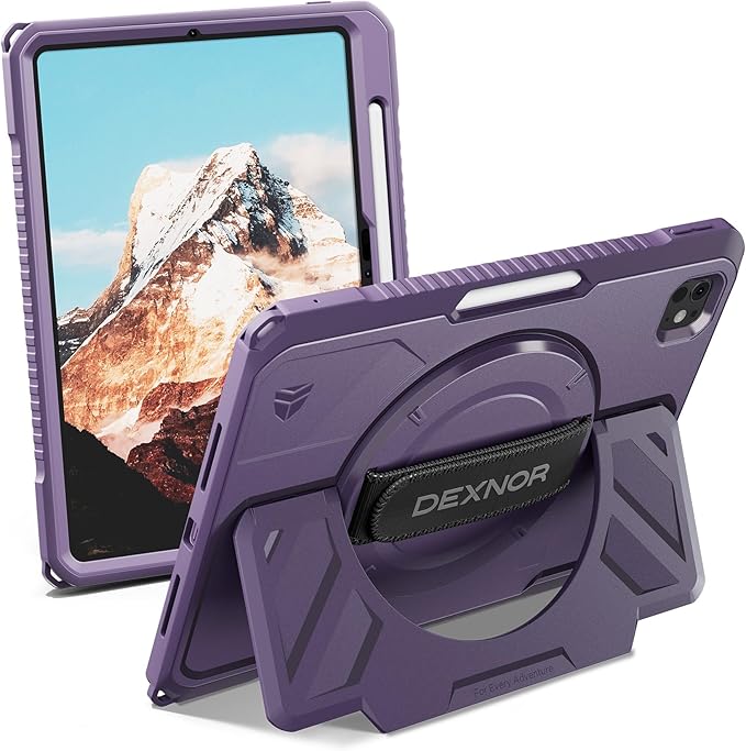 Dexnor for iPad Pro 11 inch Case M5 2025/M4 2024, Rugged Protective Case with 360° Rotating Hand Strap & Large Steady Stand & Screen Protector & Pencil Holder Shockproof Full-Body Bumper Cover, Purple
