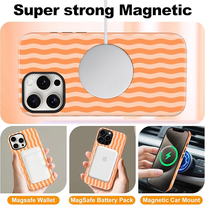 Magnetic for iPhone 15 Pro Case Cute Wavy Stripes Phone Case, Shockproof Slim TPU and Hard PC Protective Phone Cover Compatible with MagSafe Designed for Women Girls, Orange