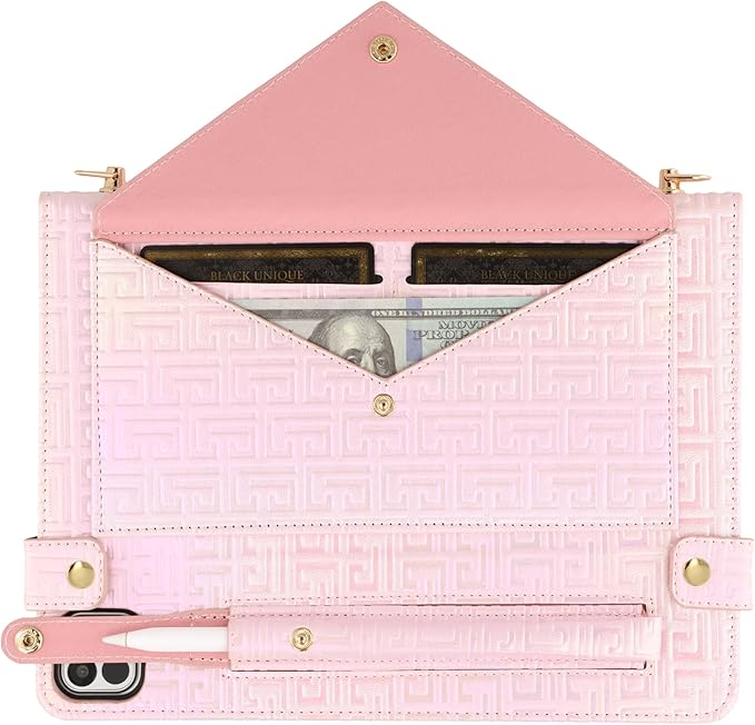 Shiny Case for iPad Pro 11" 2018-2022 / Air 10.9" 11" Handbag with Hand Strap, Techcircle Crossbody Iridescent Folio Stand Wallet Case with Pencil Holder+Card Slots+Shoulder Strap, Shiny Pale Pink