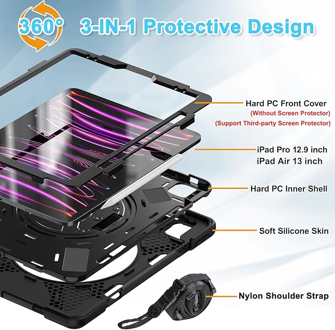 BRAECNstock for Apple iPad Air 13 inch (M4/M3/M2)/ iPad Pro 12.9 inch 6th/5th/4th/3rd Gen Case, Shockproof Protective iPad Kids Case with Pen Holder, Rotating Stand & Hand Strap, Shoulder Strap, Black