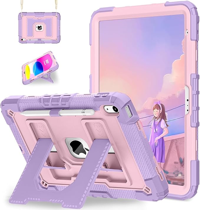 DreamerX Case for iPad A16 11th Generation 11 inch 2025 for Girls Kids, iPad 10th Gen 10.9 inch 2022 Girly Women Cute Silicone Protective Cover with Stand/Shoulder Strap/Pencil Holder Purple Rose Gold