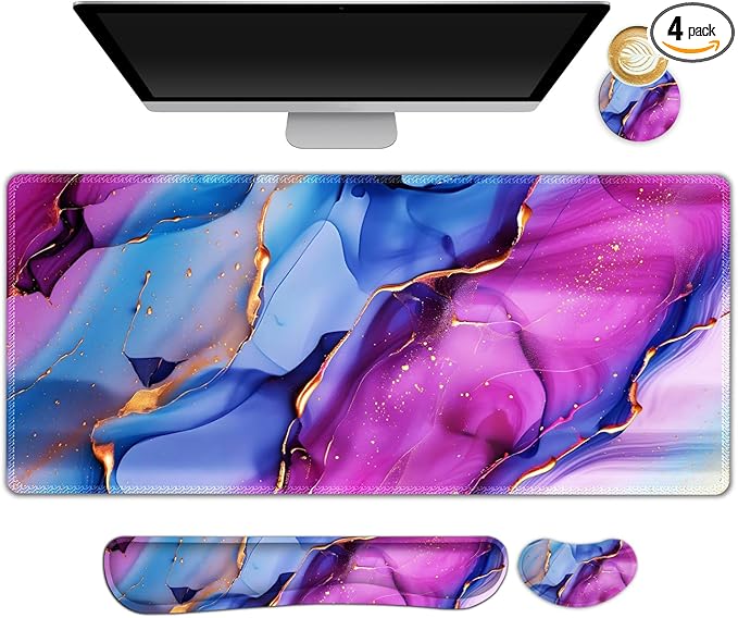 Large Gaming Mouse Pad Set, 4 in 1 Ergonomics Keyboard Desk Mat with Memory Foam Wrist Rest, Computer PC Extended Game Mousepad, Non-Slip Desk Pad Matt Easy Typing Pain Relief I Colorful Marble