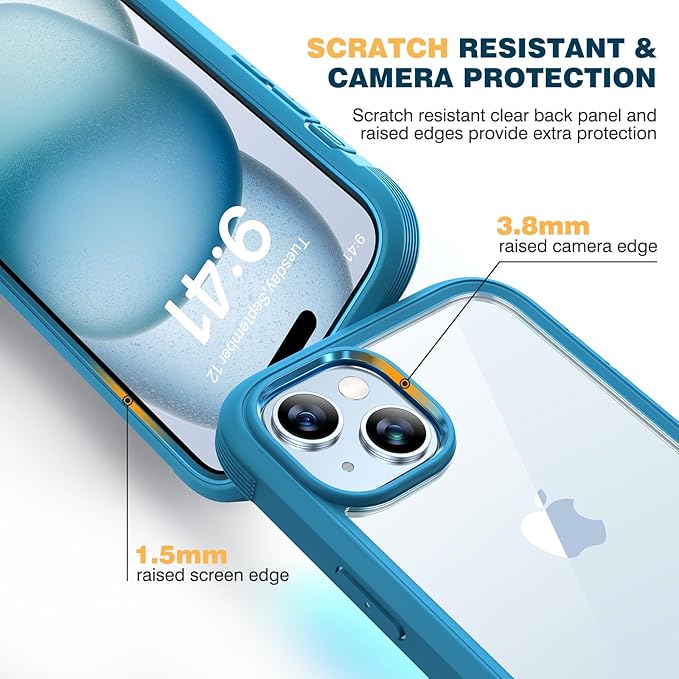 Diaclara Designed for iPhone 15 Case, Full Body Rugged Case with Built-in Touch Sensitive Anti-Scratch Screen Protector, with Camera Lens Protector for iPhone 15 6.1" (Wave Blue)